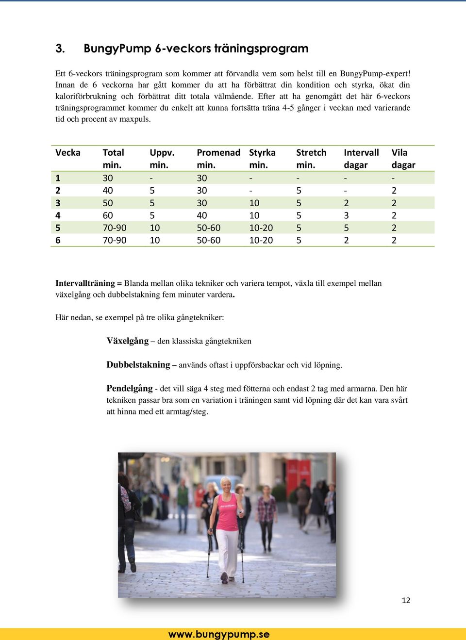 Efter att ha genomgått det här 6-veckors träningsprogrammet kommer du enkelt att kunna fortsätta träna 4-5 gånger i veckan med varierande tid och procent av maxpuls. Vecka Total min. Uppv. min. Promenad min.