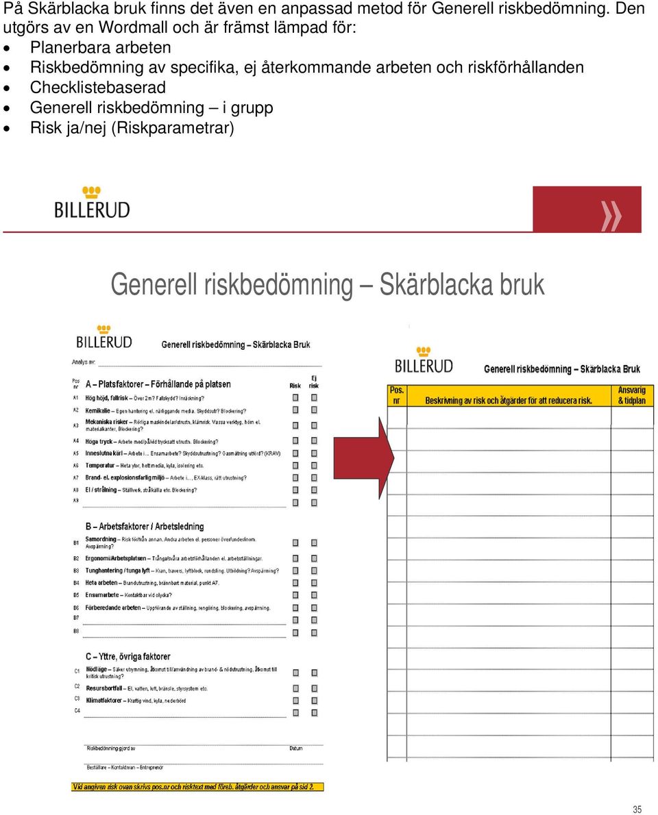 av specifika, ej återkommande arbeten och riskförhållanden Checklistebaserad Generell