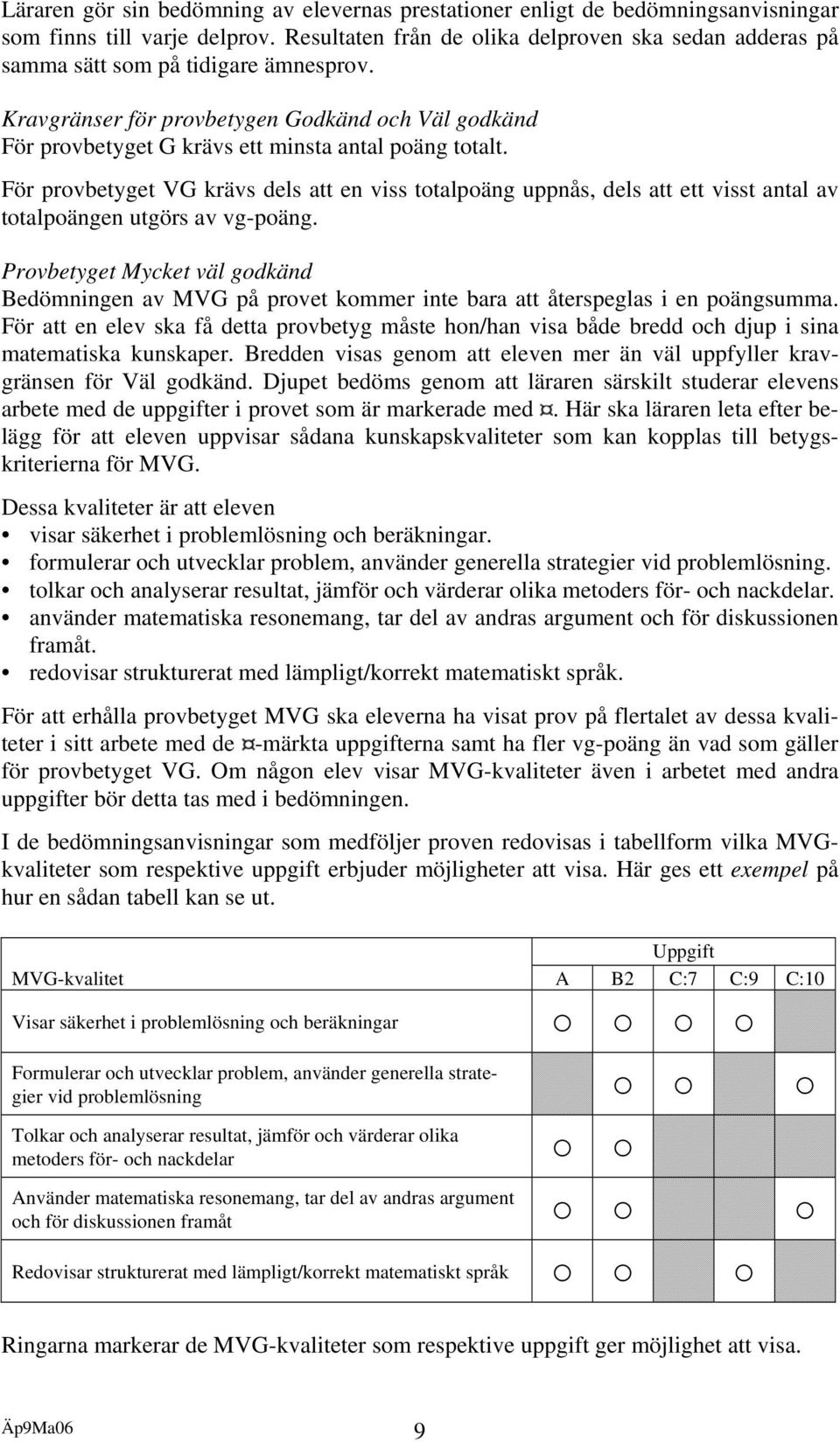 För provbetyget VG krävs dels att en viss totalpoäng uppnås, dels att ett visst antal av totalpoängen utgörs av vg-poäng.