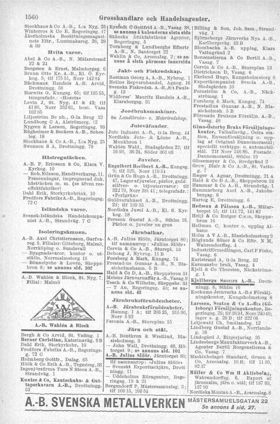 43 B & 30 Torilborg l< Lundberghs Eftertr Blombacka A.-B. upplag, Klara Hvita varor. A.-B., N. Bantorget 22 Vattugränd 2 Abel & Co A.-B., N. Mälarstrand Wahlin & Co, Arsenalsg.