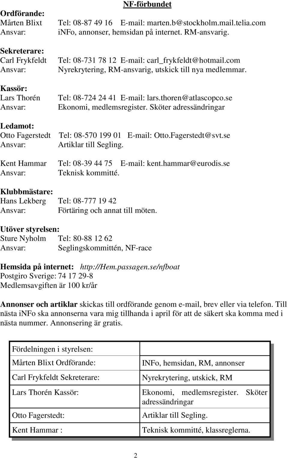 Tel: 08-724 24 41 E-mail: lars.thoren@atlascopco.se Ekonomi, medlemsregister. Sköter adressändringar Tel: 08-570 199 01 E-mail: Otto.Fagerstedt@svt.se Artiklar till Segling.