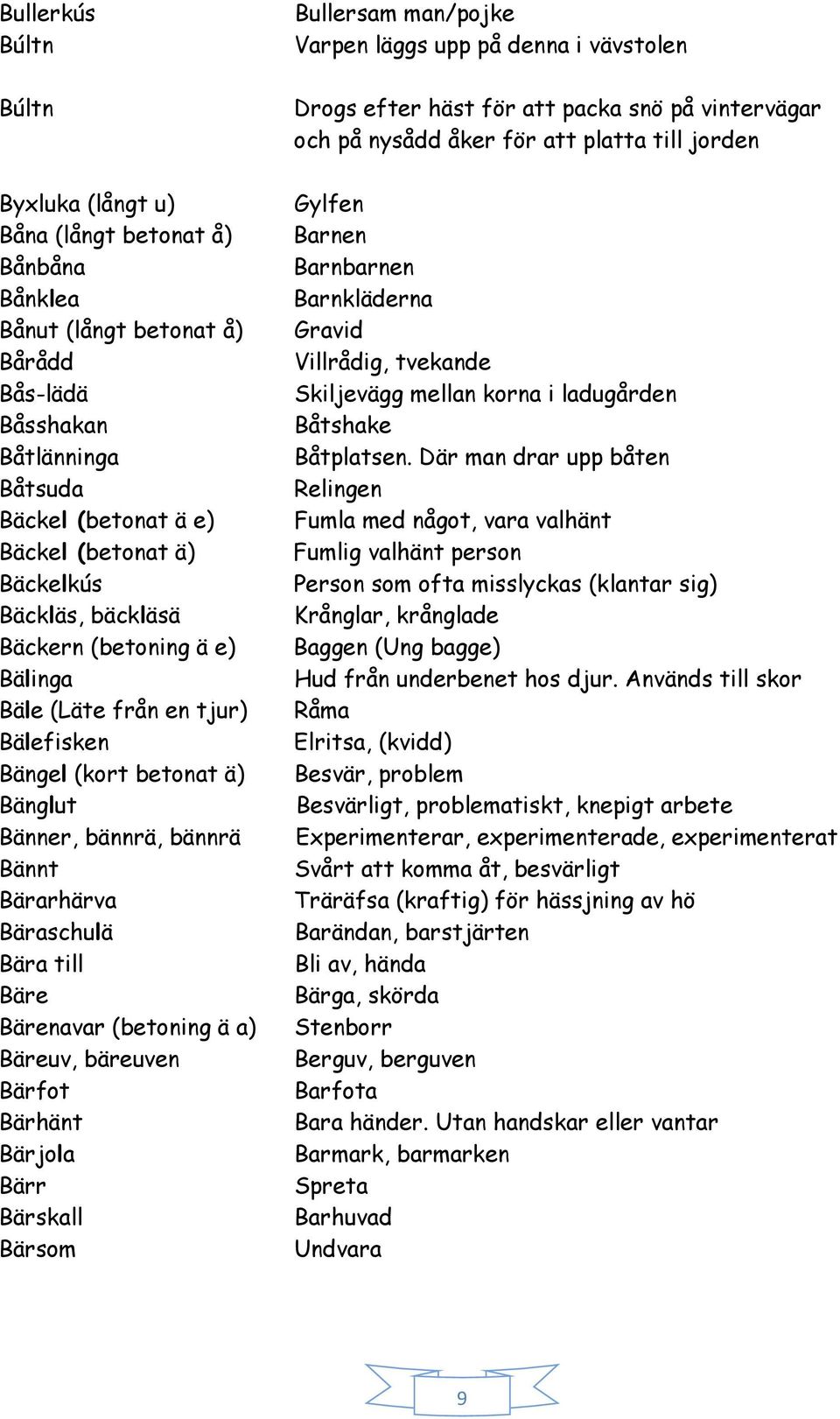 (betoning ä a) Bäreuv, bäreuven Bärfot Bärhänt Bärjola Bärr Bärskall Bärsom Bullersam man/pojke Varpen läggs upp på denna i vävstolen Drogs efter häst för att packa snö på vintervägar och på nysådd