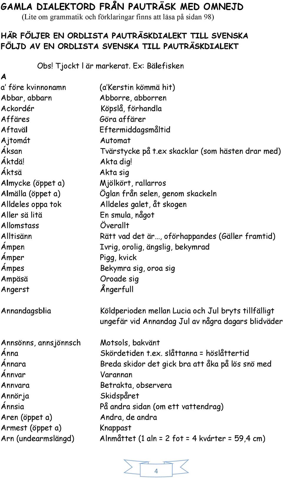 Ex: Bälefisken A a före kvinnonamn (a Kerstin kömmä hit) Abbar, abbarn Abborre, abborren Ackordér Köpslå, förhandla Affäres Göra affärer Aftaväl Eftermiddagsmåltid Ajtomát Automat Áksan Tvärstycke på