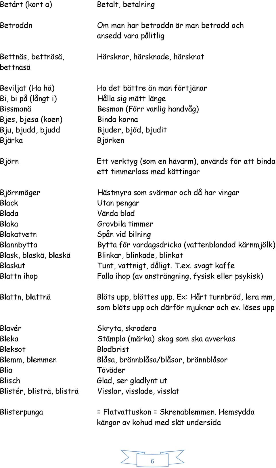 och ansedd vara pålitlig Härsknar, härsknade, härsknat Ha det bättre än man förtjänar Hålla sig mätt länge Besman (Förr vanlig handvåg) Binda korna Bjuder, bjöd, bjudit Björken Ett verktyg (som en