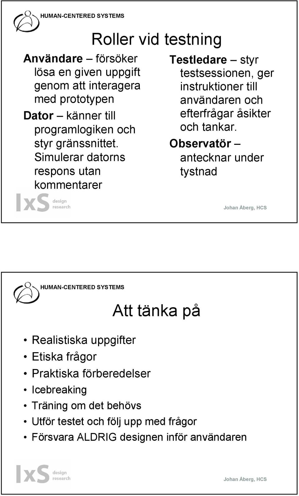 Simulerar datorns respons utan kommentarer Roller vid testning Testledare styr testsessionen, ger instruktioner till användaren