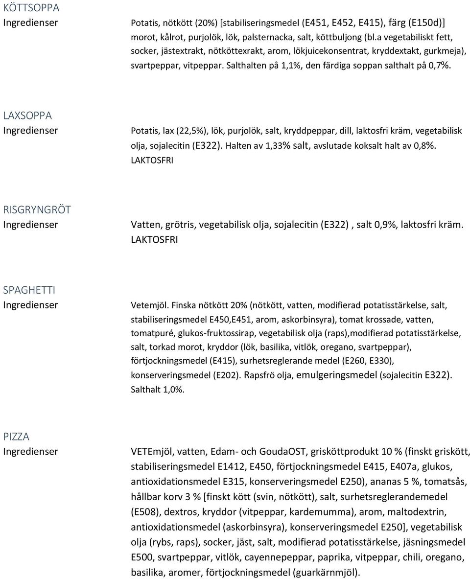 LAXSOPPA Potatis, lax (22,5%), lök, purjolök, salt, kryddpeppar, dill, laktosfri kräm, vegetabilisk olja, sojalecitin (E322). Halten av 1,33% salt, avslutade koksalt halt av 0,8%.