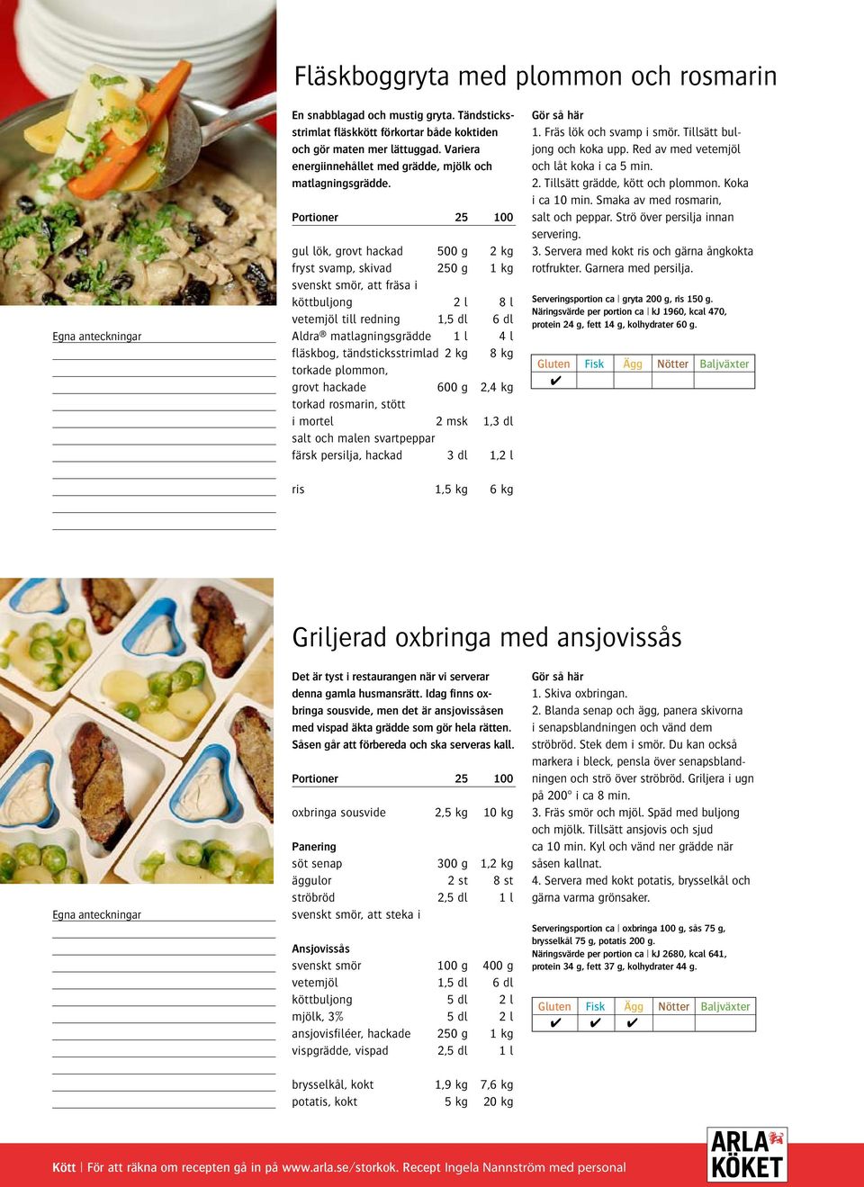 gul lök, grovt hackad 500 g 2 kg fryst svamp, skivad 250 g 1 kg svenskt smör, att fräsa i köttbuljong 2 l 8 l vetemjöl till redning 1,5 dl 6 dl Aldra matlagningsgrädde 1 l 4 l fläskbog,