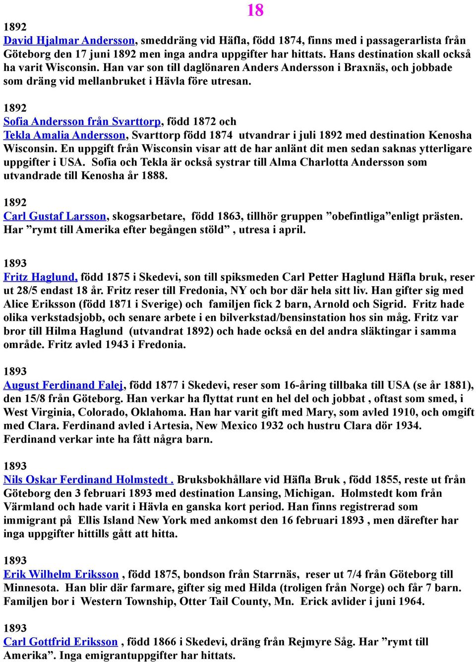 1892 Sofia Andersson från Svarttorp, född 1872 och Tekla Amalia Andersson, Svarttorp född 1874 utvandrar i juli 1892 med destination Kenosha Wisconsin.