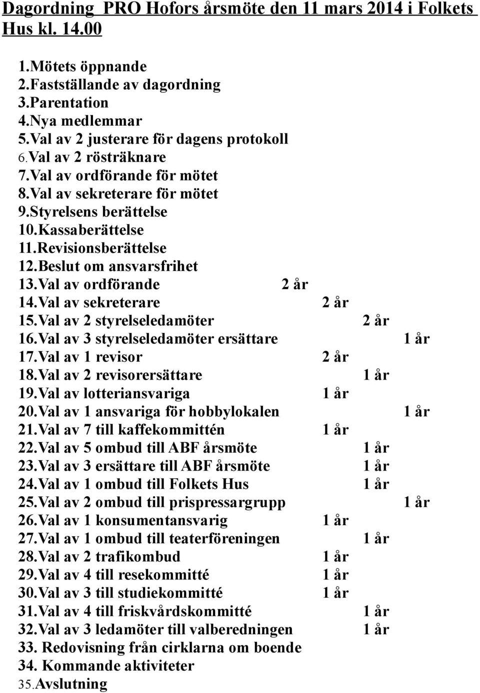 Val av ordförande 2 år 14.Val av sekreterare 15.Val av 2 styrelseledamöter 16.Val av 3 styrelseledamöter ersättare 17.Val av 1 revisor 18.Val av 2 revisorersättare 19.Val av lotteriansvariga 20.