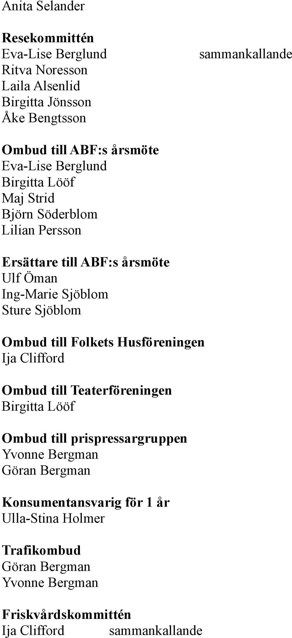 Sture Sjöblom Ombud till Folkets Husföreningen Ija Clifford Ombud till Teaterföreningen Birgitta Lööf Ombud till prispressargruppen Yvonne