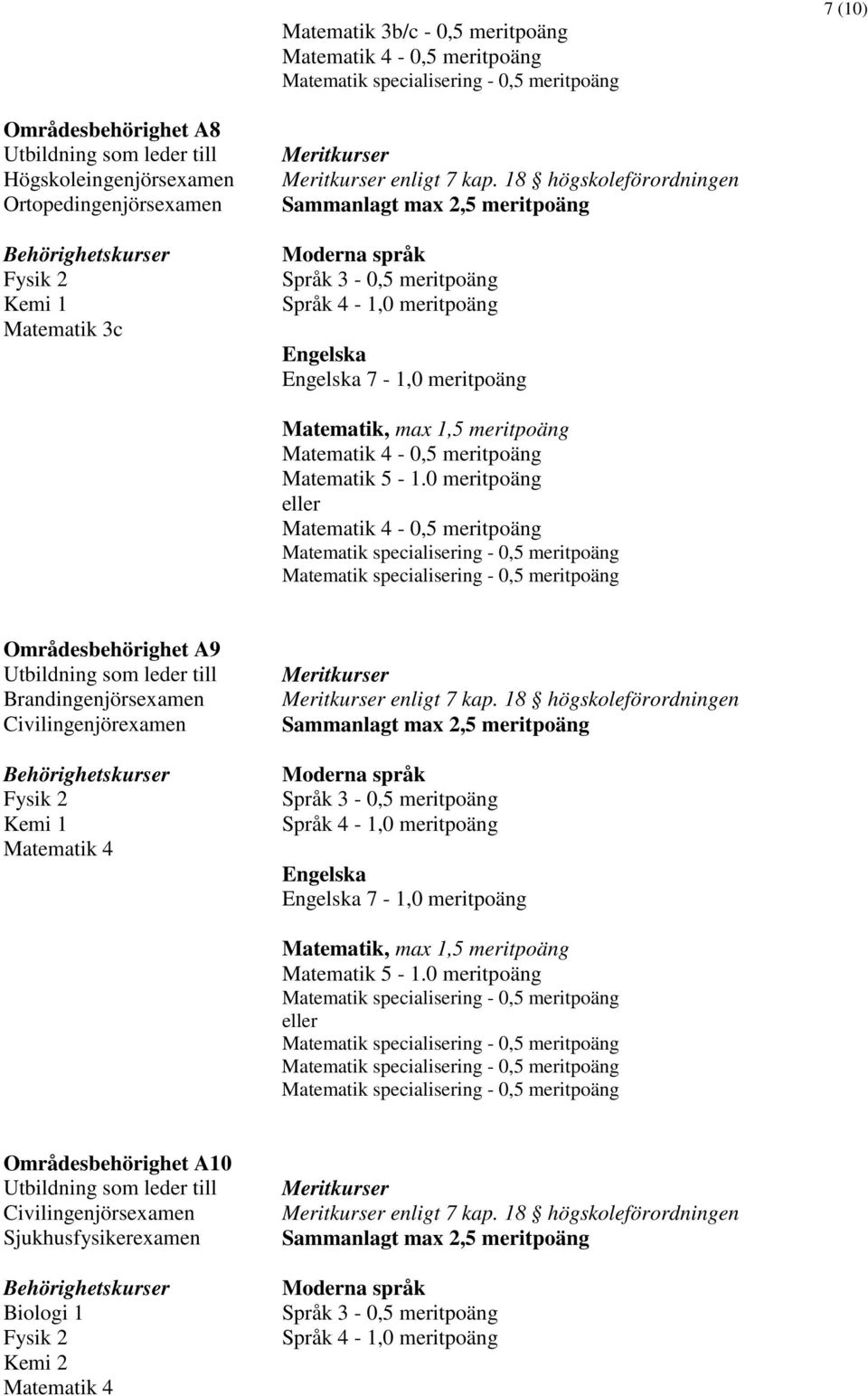 18 högskoleförordningen Områdesbehörighet A9 Brandingenjörsexamen Civilingenjörexamen Fysik 2