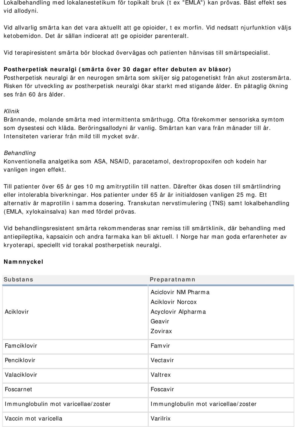 Postherpetisk neuralgi (smärta över 30 dagar efter debuten av blåsor) Postherpetisk neuralgi är en neurogen smärta som skiljer sig patogenetiskt från akut zostersmärta.