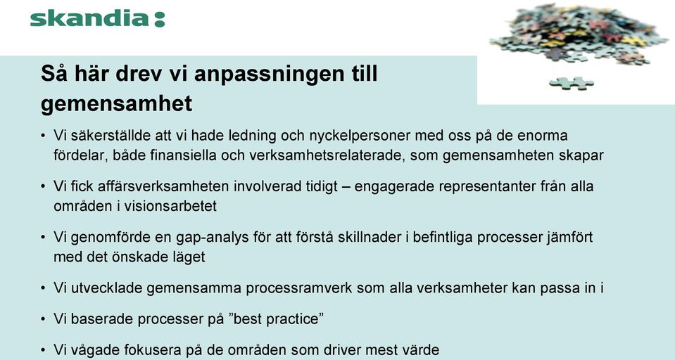 områden i visionsarbetet Vi genomförde en gap-analys för att förstå skillnader i befintliga processer jämfört med det önskade läget Vi utvecklade