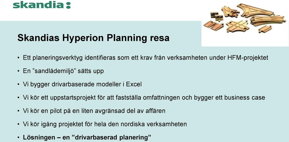 uppstartsprojekt för att fastställa omfattningen och bygger ett business case Vi kör en pilot på en liten