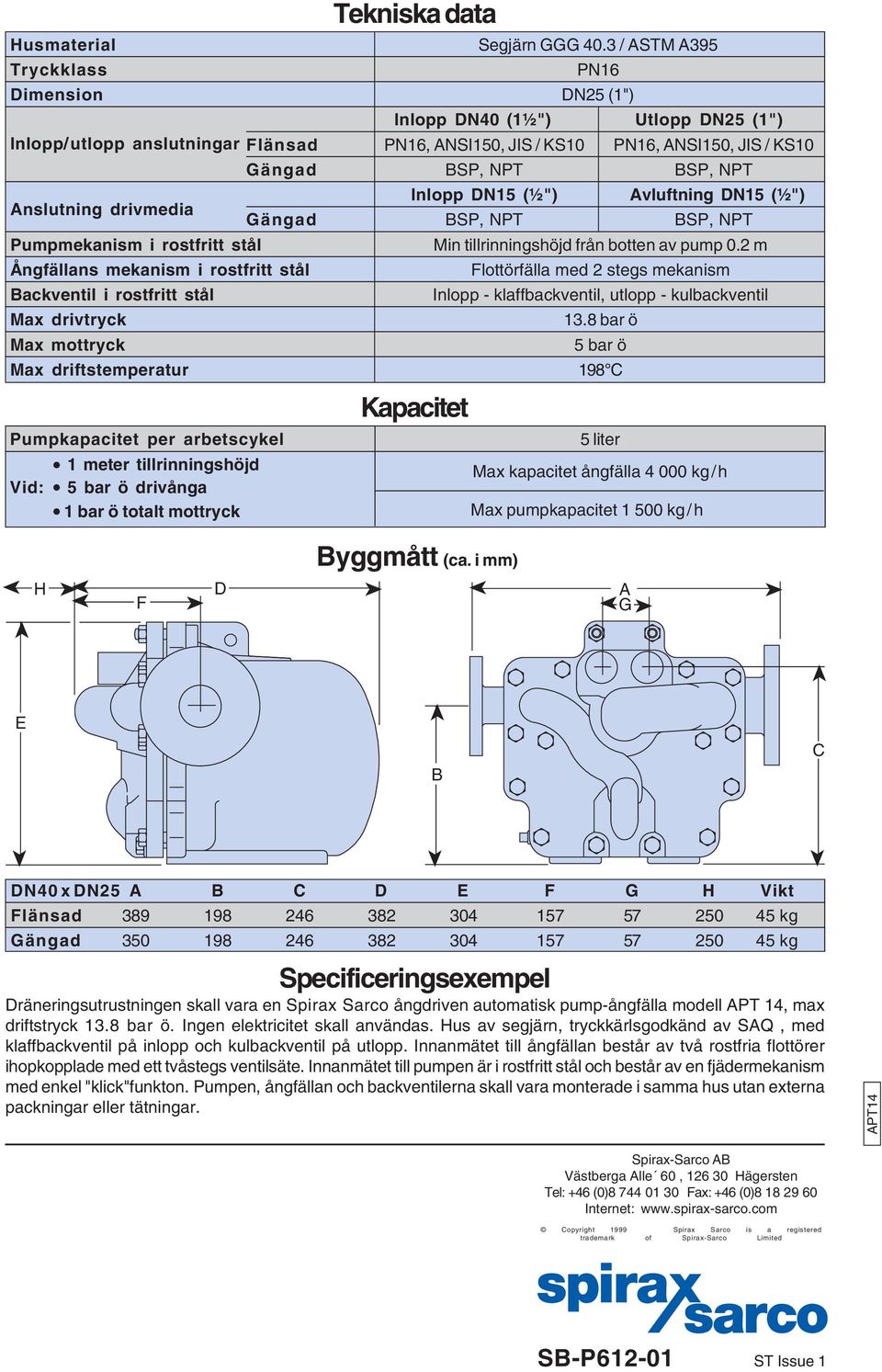 rostfritt stål Ångfällans mekanism i rostfritt stål Backventil i rostfritt stål Max drivtryck Max mottryck Gängad BSP, NPT BSP, NPT Inlopp DN15 (½") Avluftning DN15 (½") Gängad BSP, NPT BSP, NPT Min