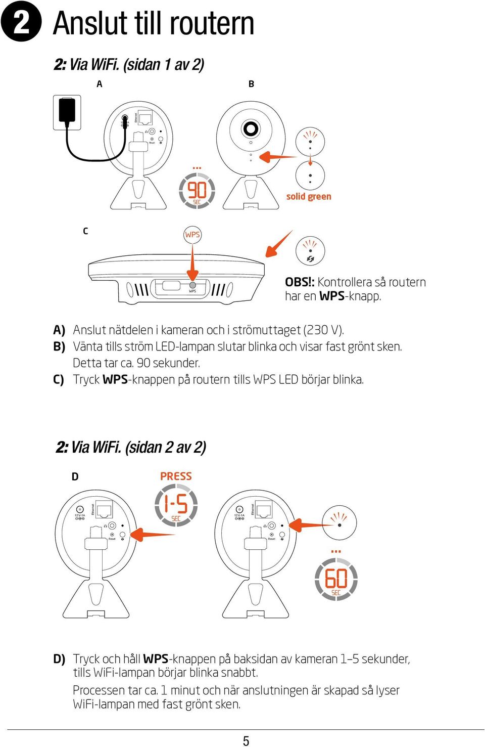 C) Tryck WPS-knappen på routern tills WPS LED börjar blinka. 2: Via WiFi. (sidan 2 av 2) D PRESS 12V-1A Ethernet 12V-1A Ethernet Reset Reset.