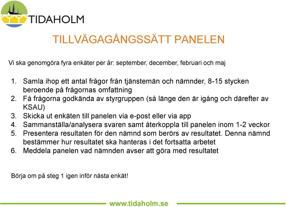 Få frågorna godkända av styrgruppen (så länge den är igång och därefter av KSAU) 3. Skicka ut enkäten till panelen via e-post eller via app 4.