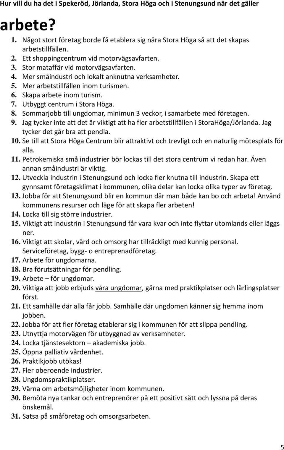 Skapa arbete inom turism. 7. Utbyggt centrum i Stora Höga. 8. Sommarjobb till ungdomar, minimun 3 veckor, i samarbete med företagen. 9.