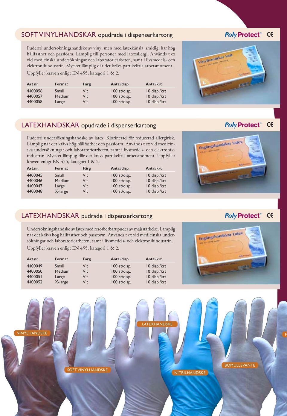 Uppfyller kraven enligt EN 455, kategori 1 & 2. 4400056 Small Vit 100 st/disp. 10 disp./krt 4400057 Medium Vit 100 st/disp. 10 disp./krt 4400058 Large Vit 100 st/disp. 10 disp./krt LATEXHANDSKAR opudrade i dispenserkartong Puderfri undersökningshandske av latex.