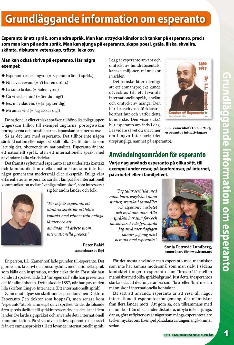 (= Esperanto är ett språk.) Ni havas revon. (= Vi har en dröm.) La suno brilas. (= Solen lyser.) Ĉu vi vidas min? (= Ser du mig?) Jes, mi vidas vin. (= Ja, jag ser dig) Mi amas vin! (= Jag älskar dig!