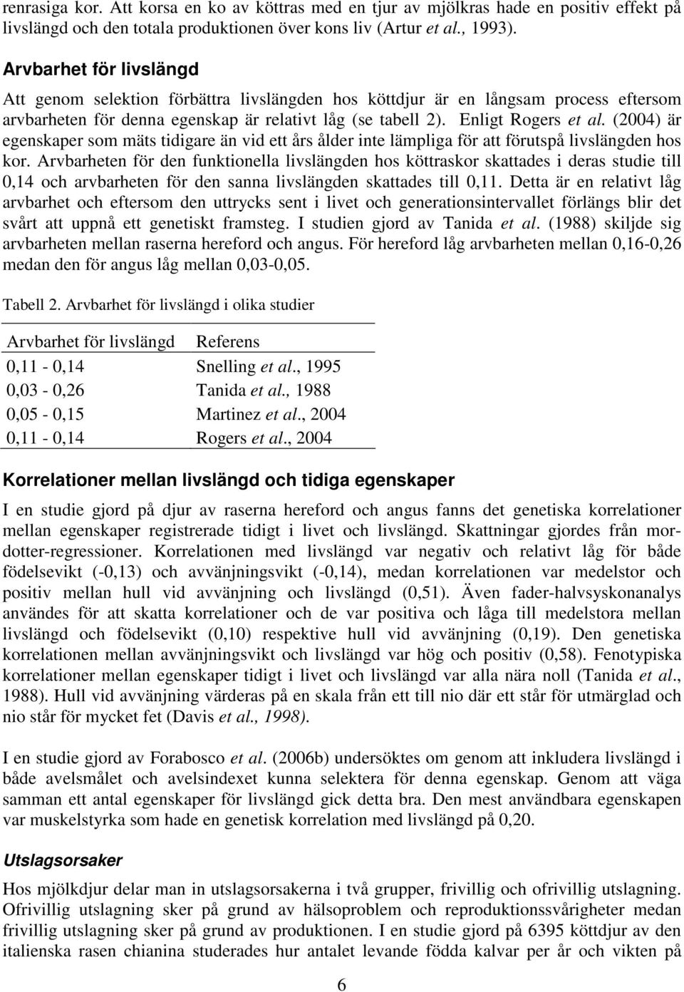 (2004) är egenskaper som mäts tidigare än vid ett års ålder inte lämpliga för att förutspå livslängden hos kor.