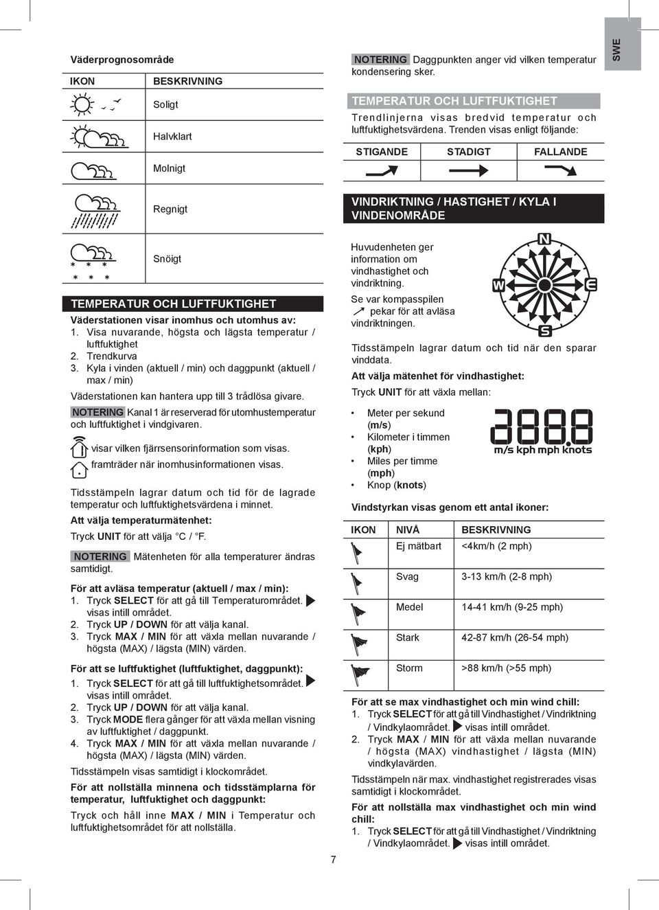 Trenden visas enligt följande: STIGANDE STADIGT FALLANDE SWE Regnigt VINDRIKTNING / HASTIGHET / KYLA I VINDENOMRÅDE Snöigt TEMPERATUR OCH LUFTFUKTIGHET Väderstationen visar inomhus och utomhus av:.