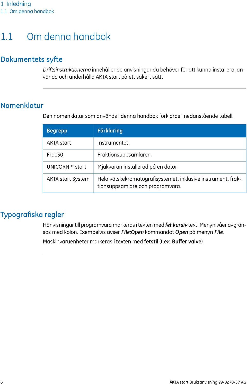 Nomenklatur Den nomenklatur som används i denna handbok förklaras i nedanstående tabell. Begrepp ÄKTA start Frac30 UNICORN start ÄKTA start System Förklaring Instrumentet. Fraktionsuppsamlaren.