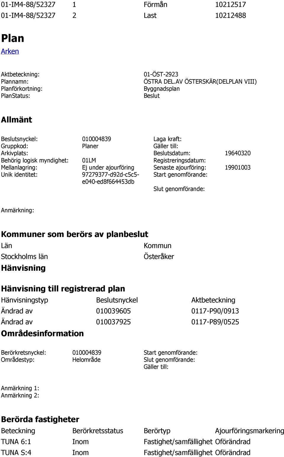 Mellanlagring: Ej under ajourföring Senaste ajourföring: 19901003 Unik identitet: 97279377-d92d-c5c5- e040-ed8f664453db Start genomförande: Slut genomförande: Anmärkning: Kommuner som berörs av