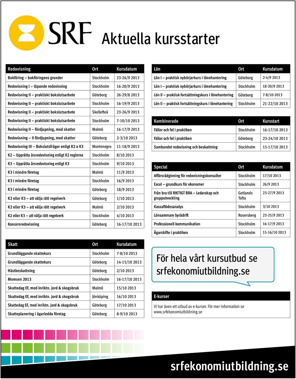 lönehantering Stockholm 18-20/9 2013 Lön II praktisk fortsättningskurs i lönehantering Göteborg 7-8/10-2013 Lön II praktisk fortsättningskurs i lönehantering Stockholm 21-22/10 2013 Redovisning II