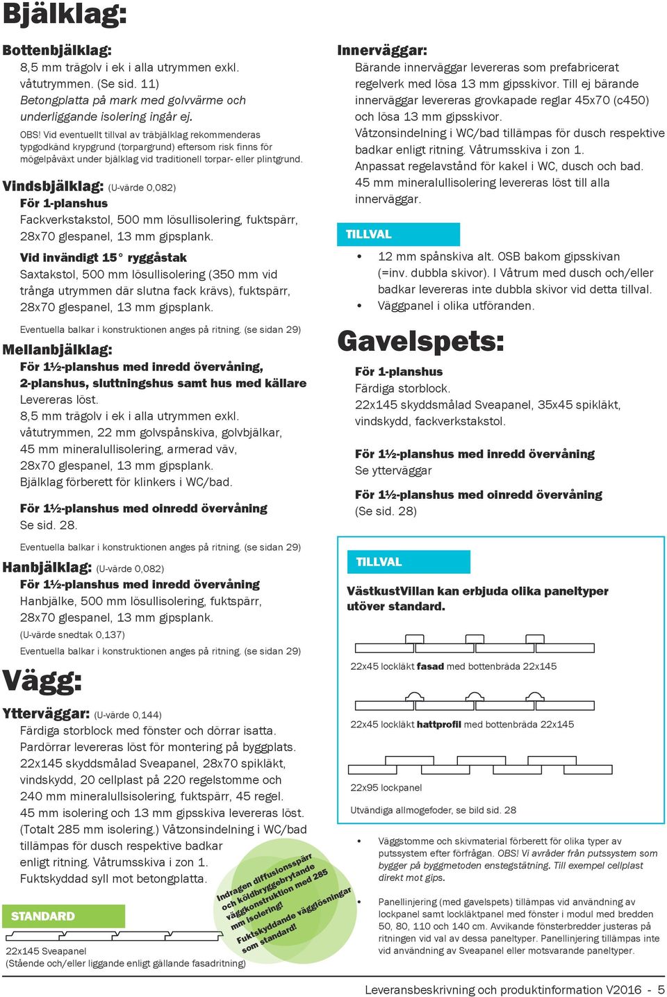 Vindsbjälklag: (U-värde 0,082) För 1-planshus Fackverkstakstol, 500 mm lösullisolering, fuktspärr, 28x70 glespanel, 13 mm gipsplank.