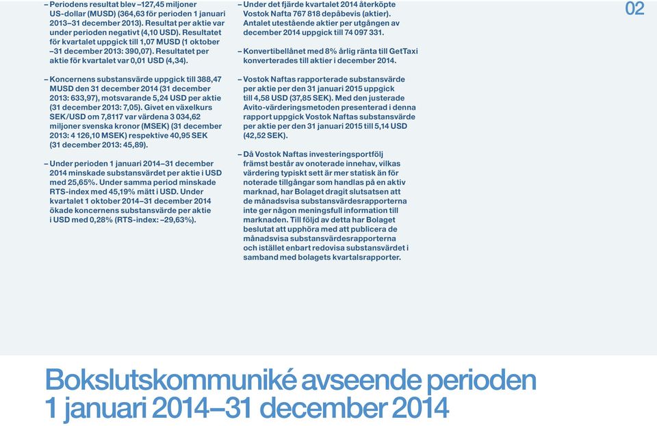 Koncernens substansvärde uppgick till 388,47 MUSD den 31 december 2014 (31 december 2013: 633,97), motsvarande 5,24 USD per aktie (31 december 2013: 7,05).