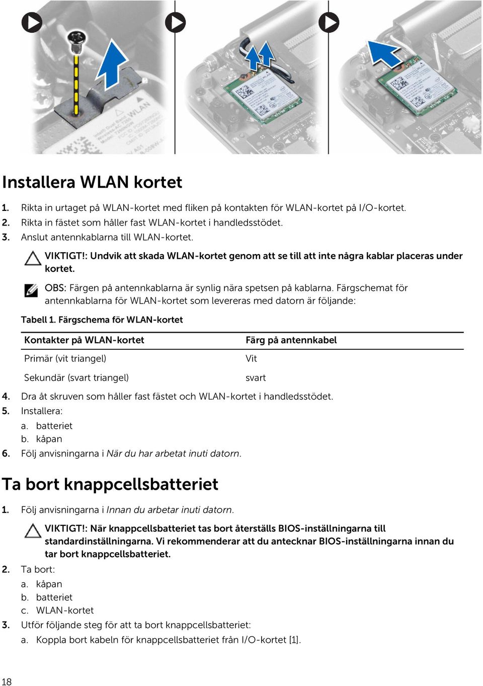 OBS: Färgen på antennkablarna är synlig nära spetsen på kablarna. Färgschemat för antennkablarna för WLAN-kortet som levereras med datorn är följande: Tabell 1.