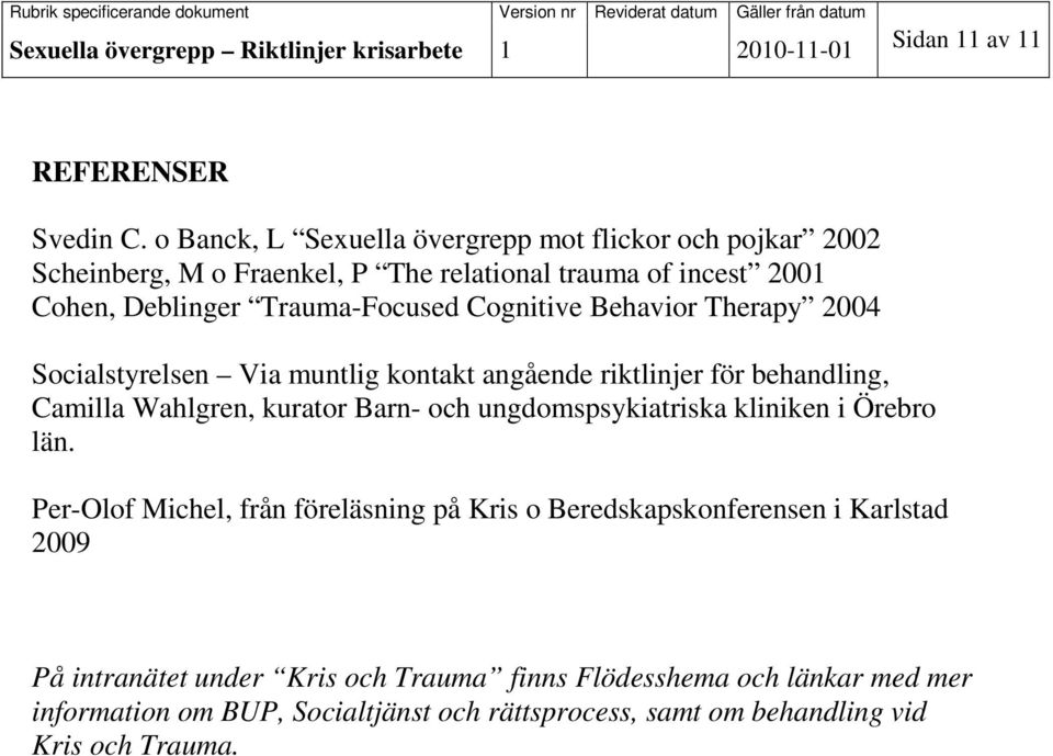 Cognitive Behavior Therapy 2004 Socialstyrelsen Via muntlig kontakt angående riktlinjer för behandling, Camilla Wahlgren, kurator Barn- och