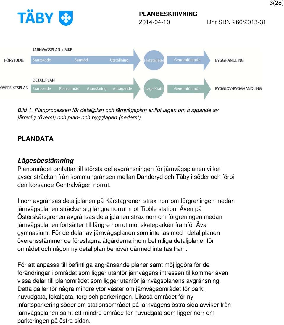 Centralvägen norrut. I norr avgränsas detaljplanen på Kårstagrenen strax norr om förgreningen medan järnvägsplanen sträcker sig längre norrut mot Tibble station.