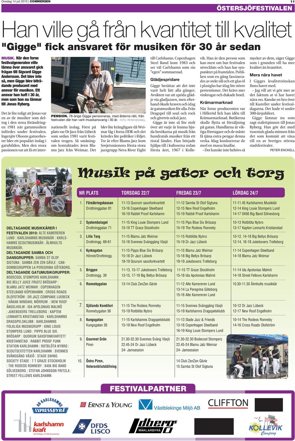 Ett ansvar han haft i 30 år, men som han nu lämnar till Jonas Ryberg. ENSION. 78-årige Gigge pensioneras, med ålderns rätt, från festivalen där han varit musikansvarig i 30 år.