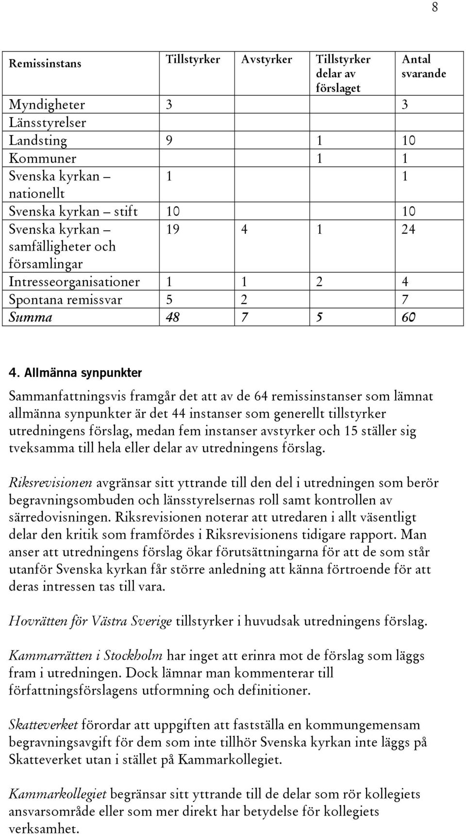 Allmänna synpunkter Sammanfattningsvis framgår det att av de 64 remissinstanser som lämnat allmänna synpunkter är det 44 instanser som generellt tillstyrker utredningens förslag, medan fem instanser