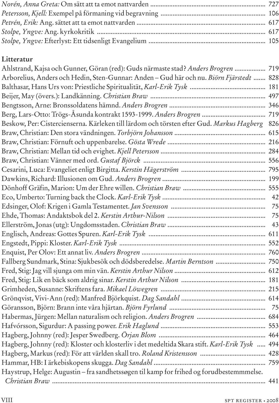 .. 719 Arborelius, Anders och Hedin, Sten-Gunnar: Anden Gud här och nu. Biörn Fjärstedt... 828 Balthasar, Hans Urs von: Priestliche Spiritualität, Karl-Erik Tysk... 181 Beijer, May (övers.