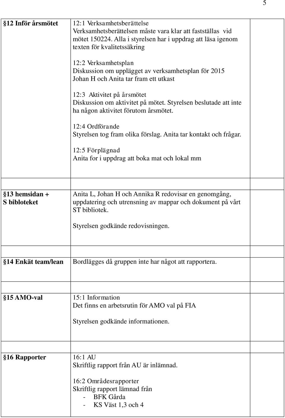 Aktivitet på årsmötet Diskussion om aktivitet på mötet. Styrelsen beslutade att inte ha någon aktivitet förutom årsmötet. 12:4 Ordförande Styrelsen tog fram olika förslag.