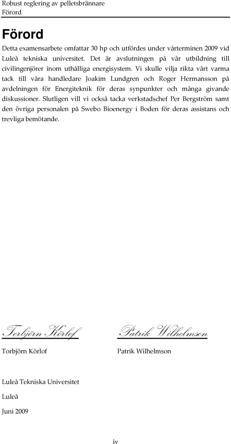 Vi skulle vilja rikta vårt varma tack till våra handledare Joakim Lundgren och Roger Hermansson på avdelningen för Energiteknik för deras synpunkter och många