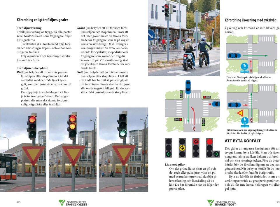 Trafikljusens betydelse Rött ljus betyder att du inte får passera ljusstolpen eller stopplinjen. Om det samtidigt med det röda ljuset lyser gult, kommer ljuset strax att slå om till grönt.