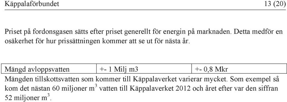 Mängd avloppsvatten +- 1 Milj m3 +- 0,8 Mkr Mängden tillskottsvatten som kommer till Käppalaverket