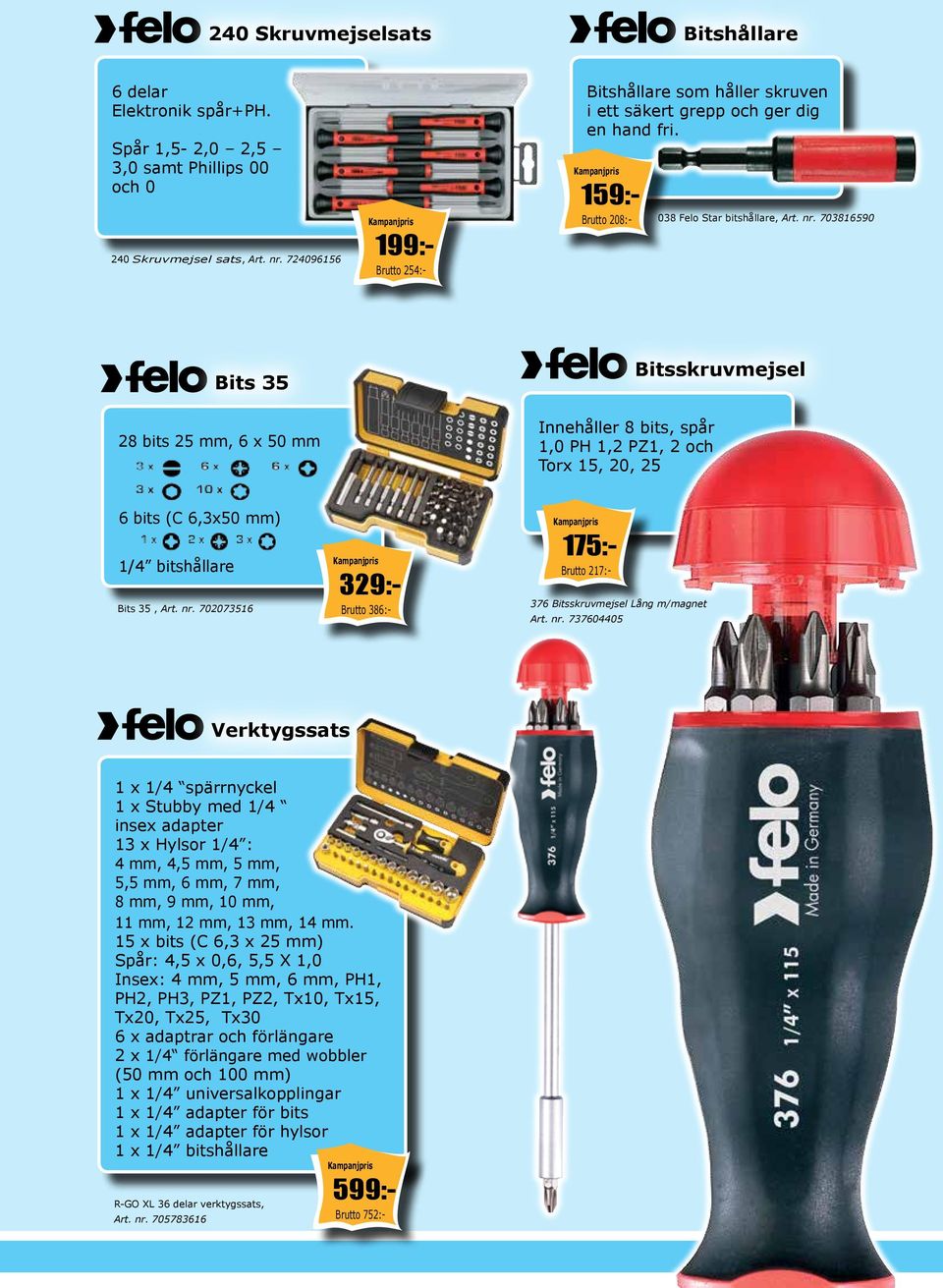 703816590 Bits 35 Bitsskruvmejsel 28 bits 25 mm, 6 x 50 mm Innehåller 8 bits, spår 1,0 PH 1,2 PZ1, 2 och Torx 15, 20, 25 6 bits (C 6,3x50 mm) 1/4 bitshållare Bits 35, Art. nr.