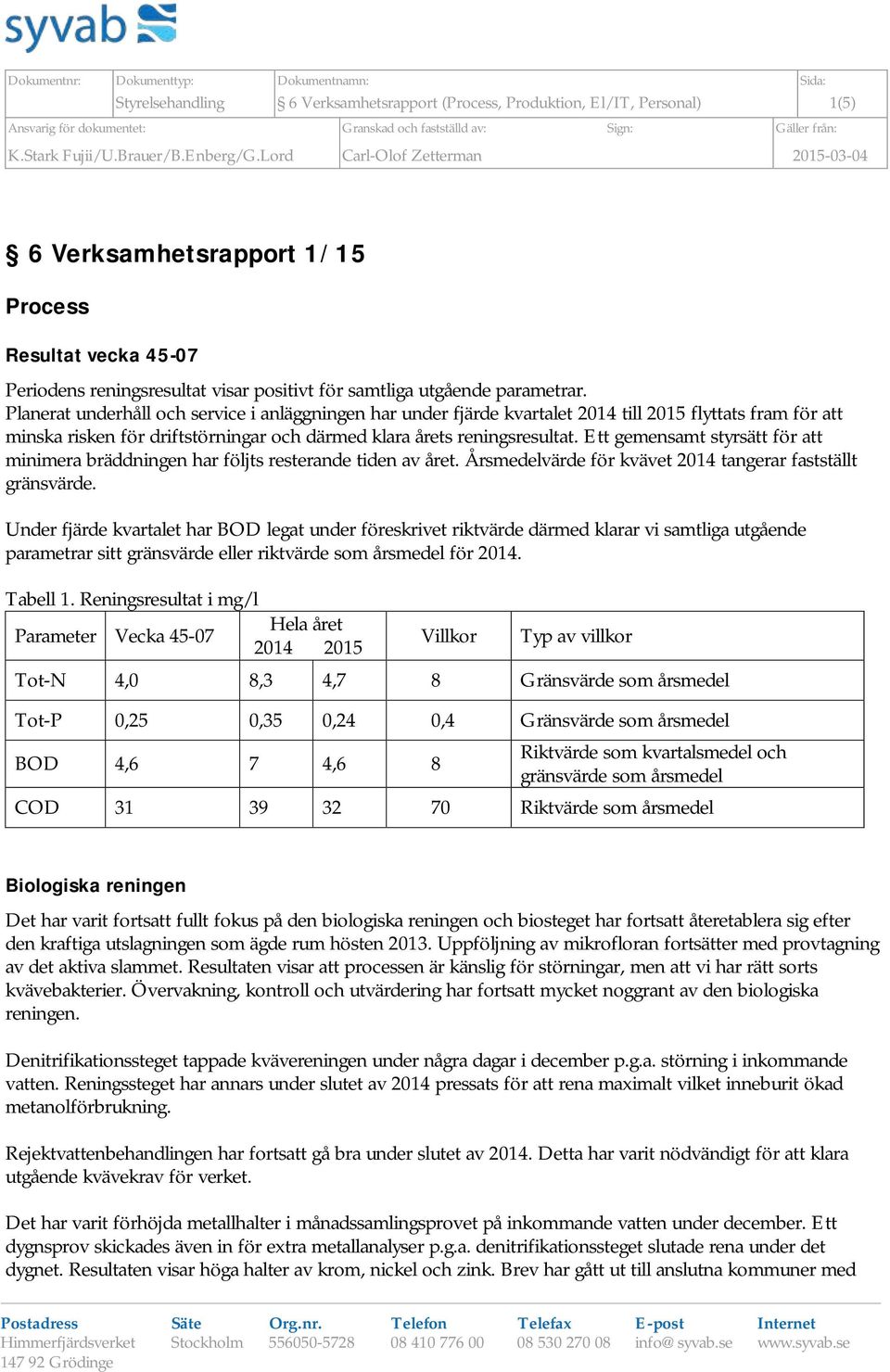 Planerat underhåll och service i anläggningen har under fjärde kvartalet 2014 till 2015 flyttats fram för att minska risken för driftstörningar och därmed klara årets reningsresultat.