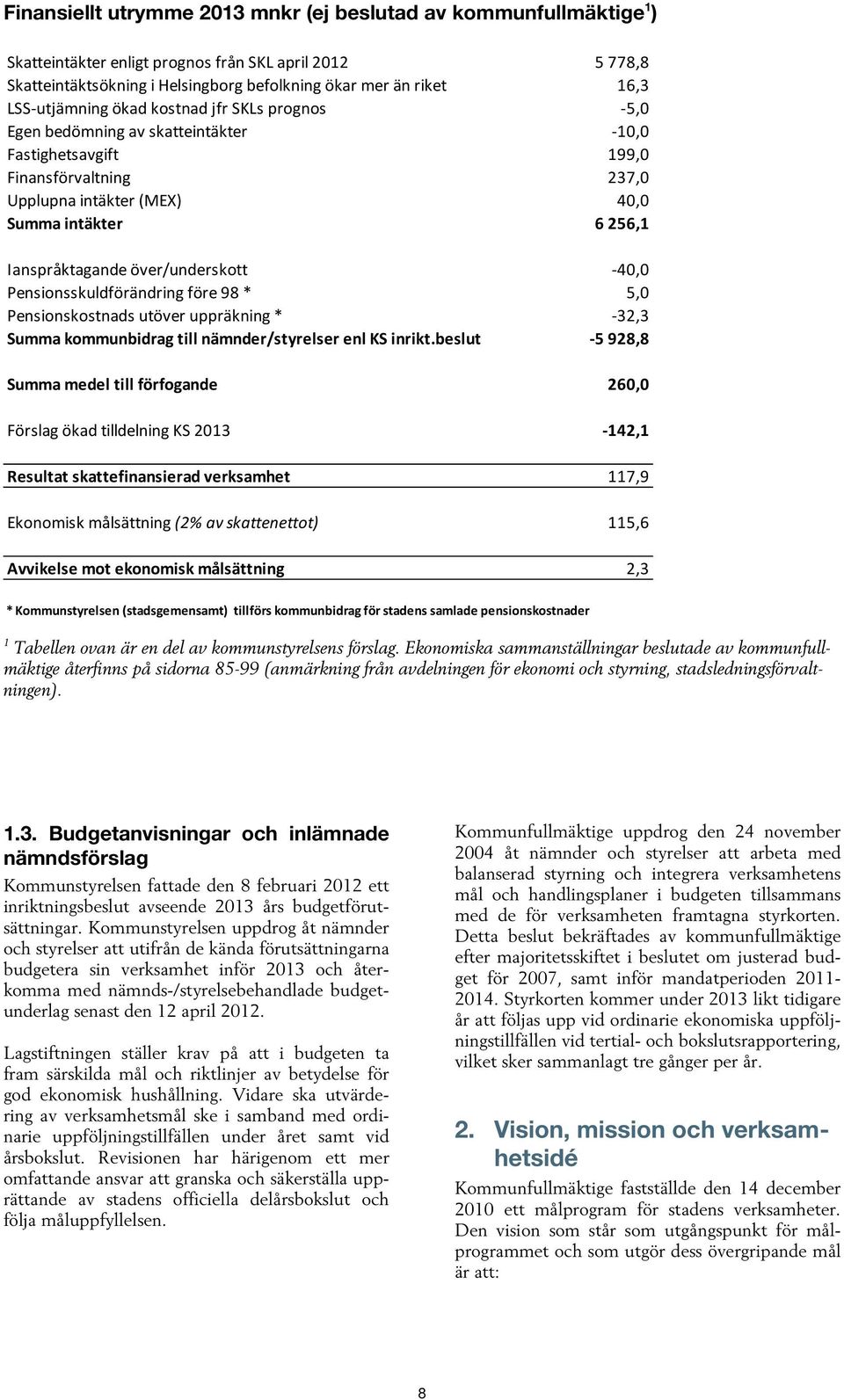 Ianspråktagande över/underskott -40,0 Pensionsskuldförändring före 98 * 5,0 Pensionskostnads utöver uppräkning * -32,3 Summa kommunbidrag till nämnder/styrelser enl KS inrikt.