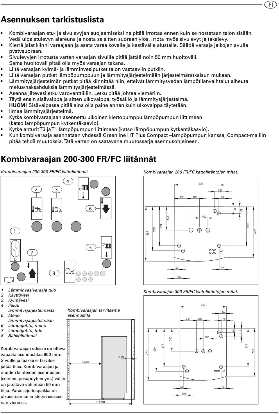 Sivulevyjen irrotusta varten varaajan sivuille pitää jättää noin 50 mm huoltoväli. Sama huoltoväli pitää olla myös varaajan takana. Liitä varaajan kylmä- ja lämminvesiputket talon vastaaviin putkiin.