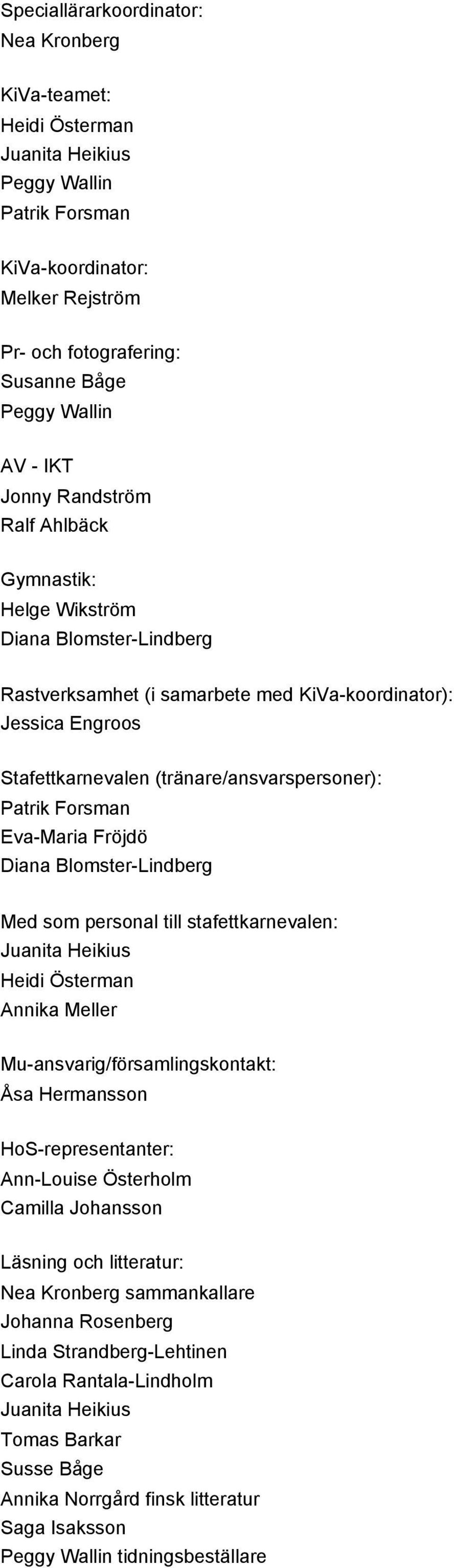 Patrik Forsman Eva-Maria Fröjdö Diana Blomster-Lindberg Med som personal till stafettkarnevalen: Juanita Heikius Heidi Österman Annika Meller Mu-ansvarig/församlingskontakt: Åsa Hermansson