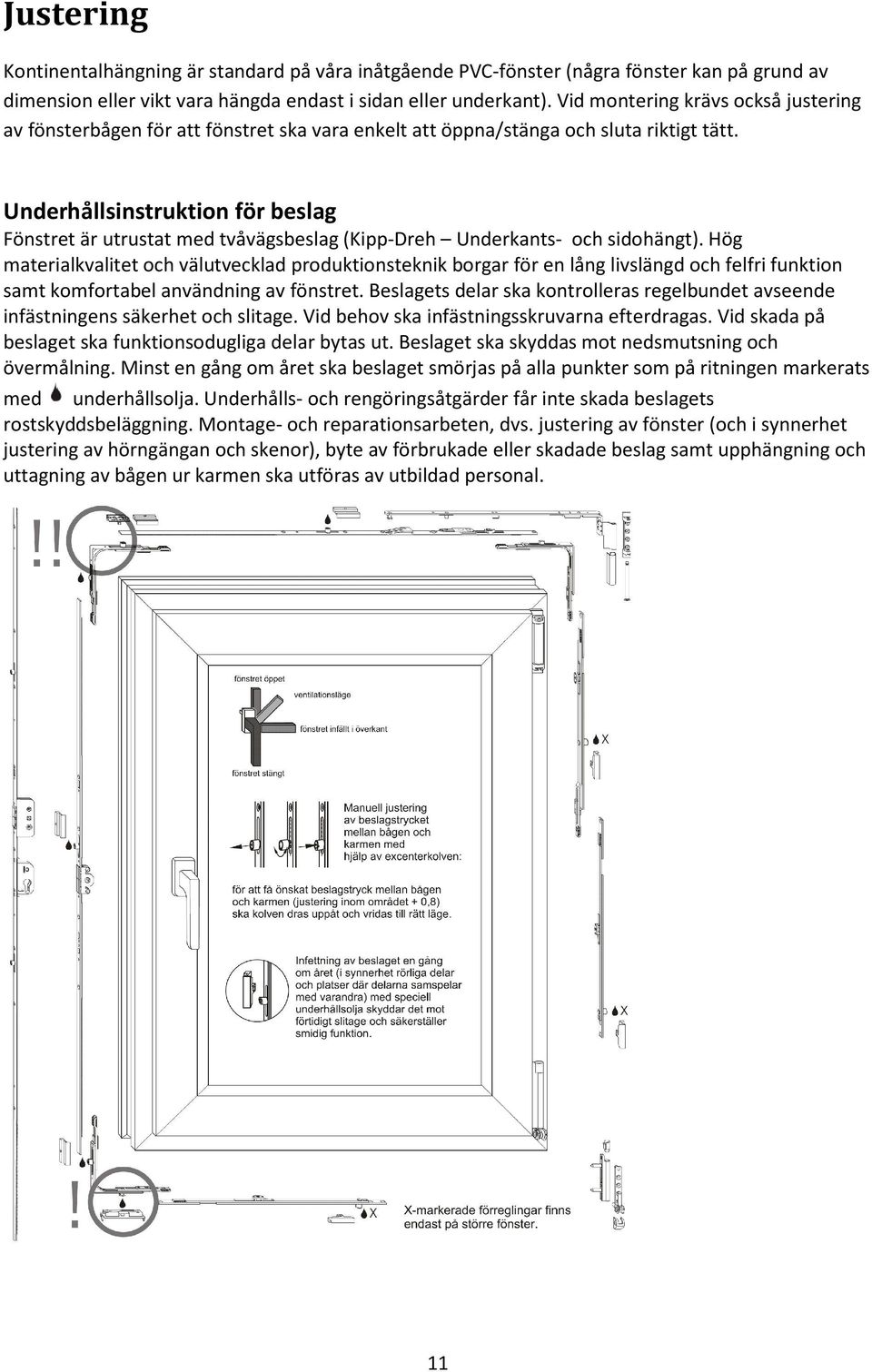 Underhållsinstruktion för beslag Fönstret är utrustat med tvåvägsbeslag (Kipp-Dreh Underkants- och sidohängt).