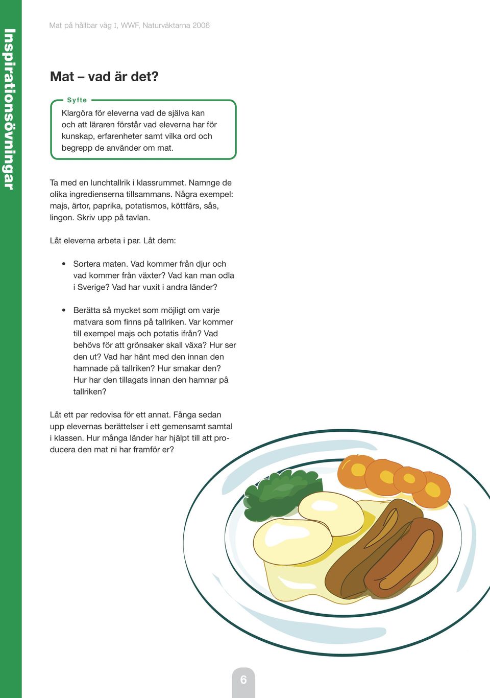 Låt eleverna arbeta i par. Låt dem: Sortera maten. Vad kommer från djur och vad kommer från växter? Vad kan man odla i Sverige? Vad har vuxit i andra länder?