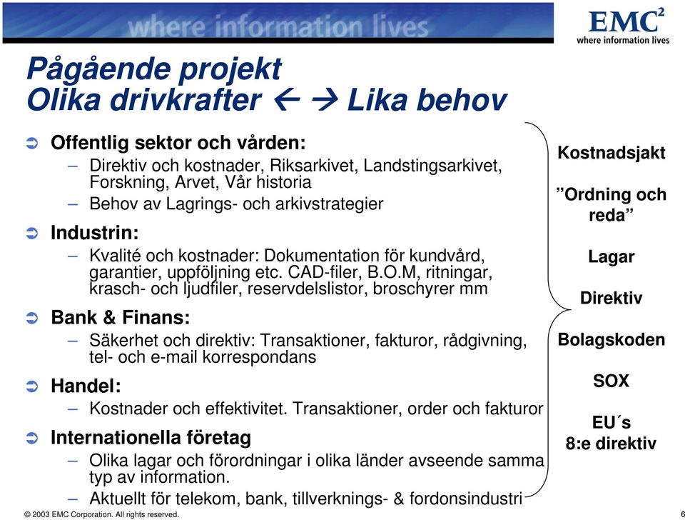 M, ritningar, krasch- och ljudfiler, reservdelslistor, broschyrer mm Bank & Finans: Säkerhet och direktiv: Transaktioner, fakturor, rådgivning, tel- och e-mail korrespondans Handel: Kostnader och