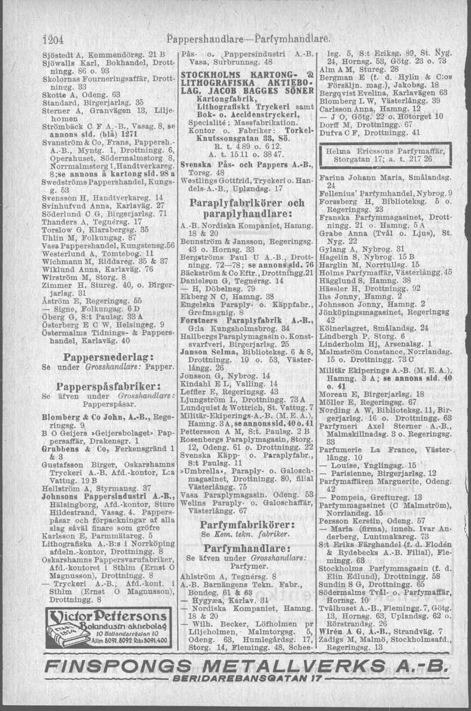 'torrmalmstorg 1,Handtverkareg. 8 ;se annons å kartong sid. 98 a Swedströms Pappershandel, Kungsg. 53 Svensson H. Handtverkareg. 14 Svinhufvud Anna, Karlavag. 27 Söderlund C G, Birgerjarlsg.